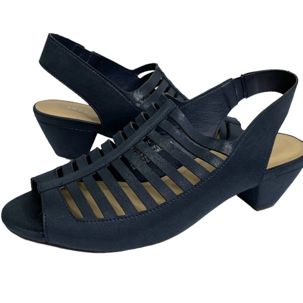 Sugarfoot New Navy Cut Out Open Toe Slingback 2” heeled Career Sandals Size 8.5